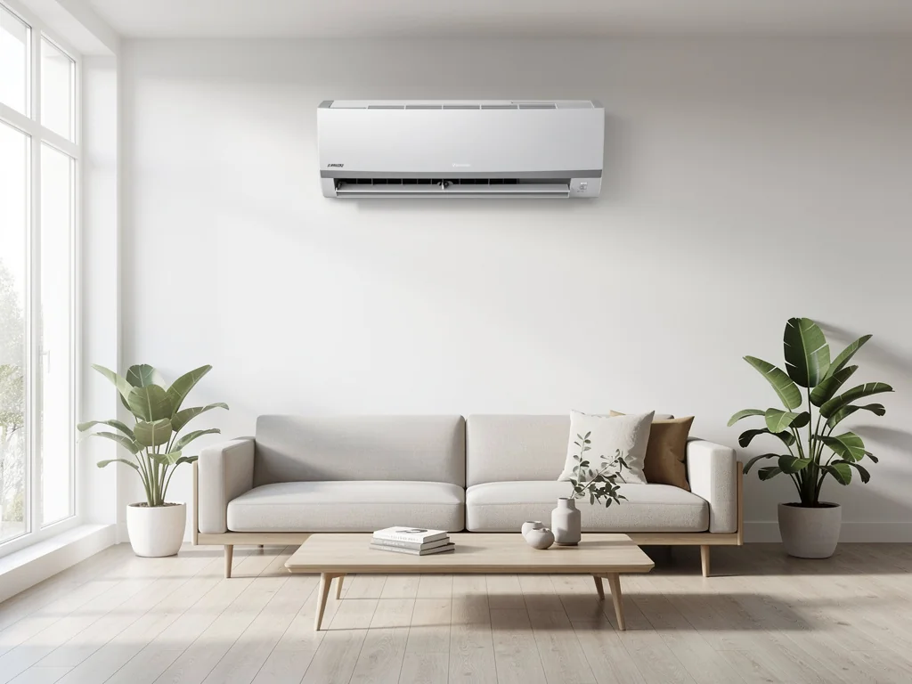 Climatiseur mural réversible posé dans un séjour clair