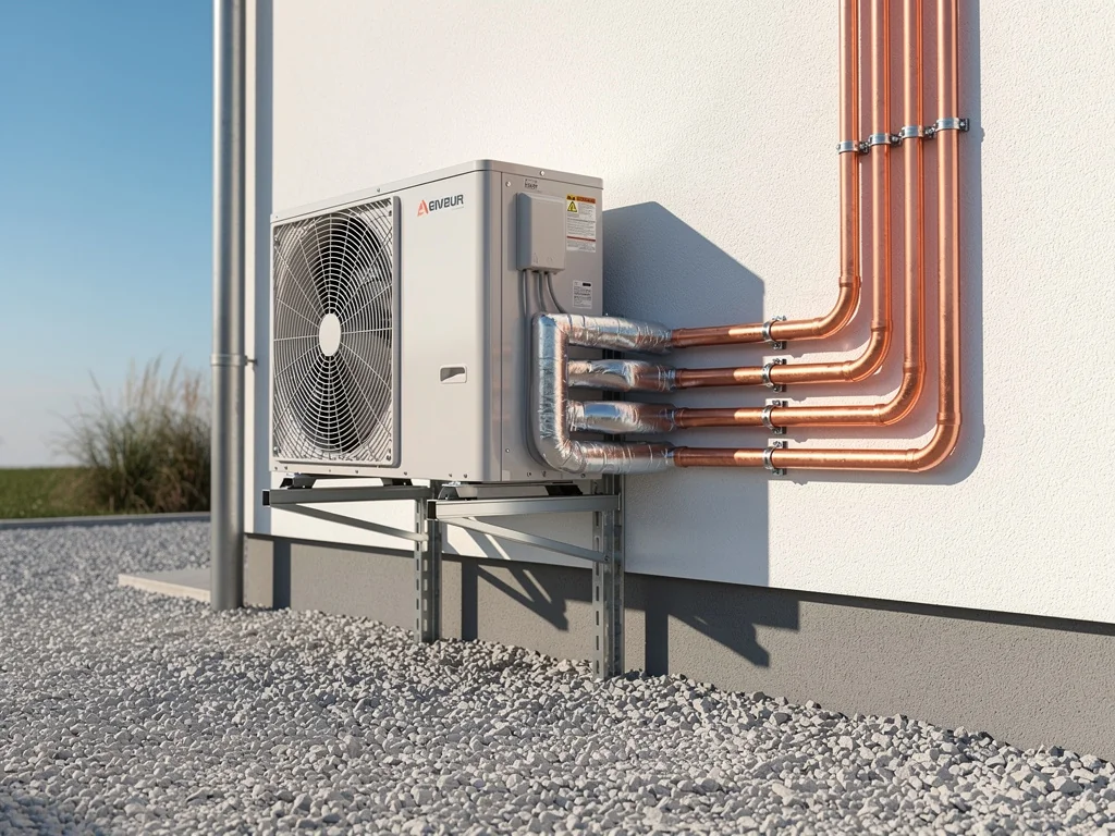 Unité extérieure de pompe à chaleur air/eau installée le long d'une façade