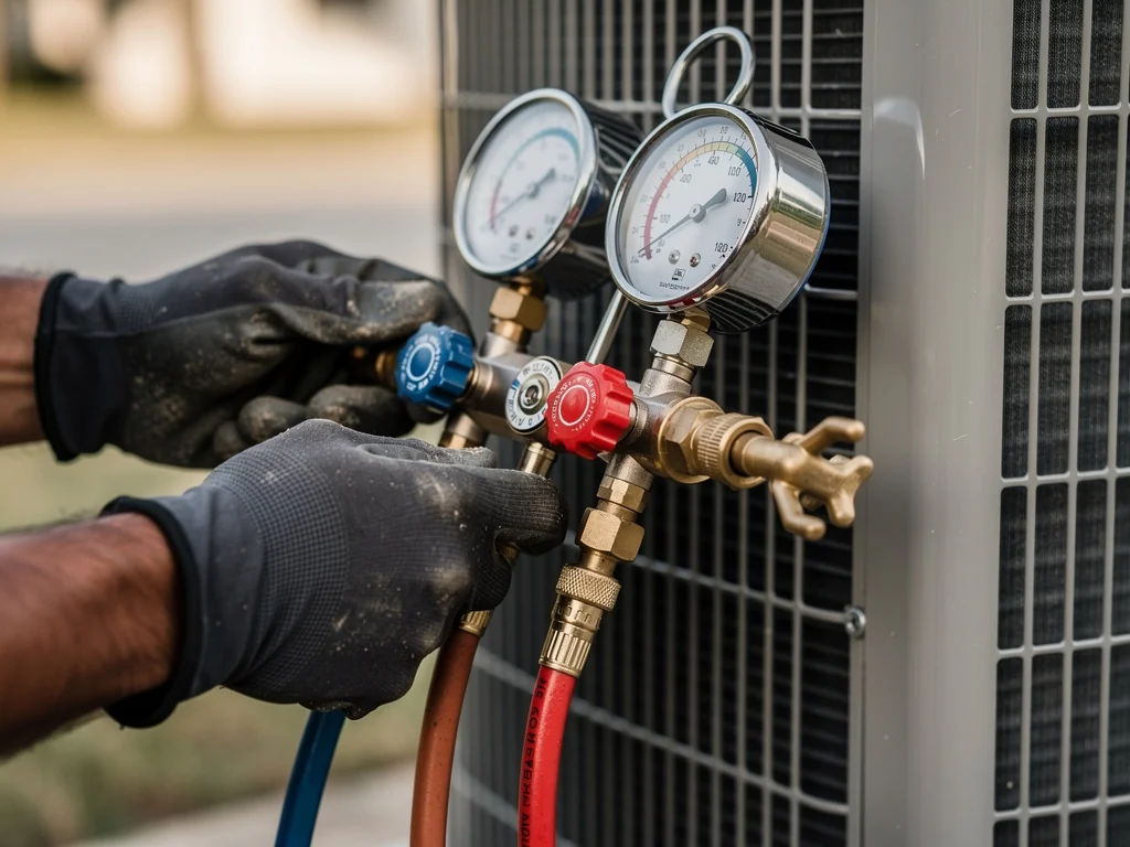 Technicien chauffagiste réglant un manifold sur une installation frigorifique